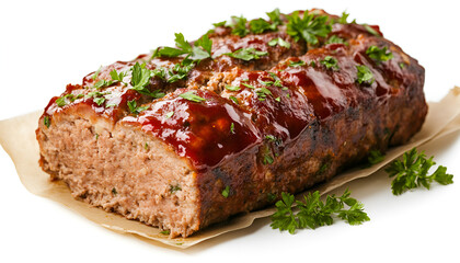 Delicious baked turkey meatloaf isolated on white