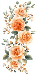 Beautiful arrangement of soft peach roses with green foliage and orange accents on a white background