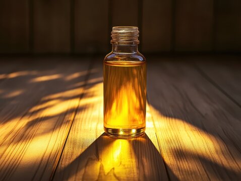 Panthenol: A soft golden light illuminating a bottle of nourishing skincare elixir