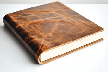 Classic brown leather travel album with a rich texture and minimal design, isolated on a clean white surface.