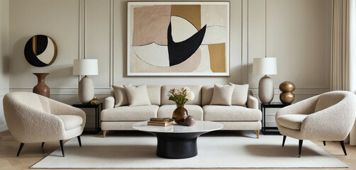 Modern Elegant Living Room with Boucle Sofa, Abstract Artwork, and Sculptural Furniture in Neutral Tones – Generative AI