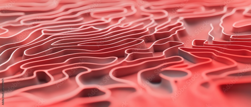 Poster contours of red waves creating abstract patterns with intricate lines and curves in a modern design 