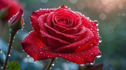 Stunning Dew-kissed Red Rose Close Up Photography