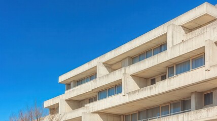 Obraz premium Off-White Multi-Story Building with Balconies Against a Clear Blue Sky