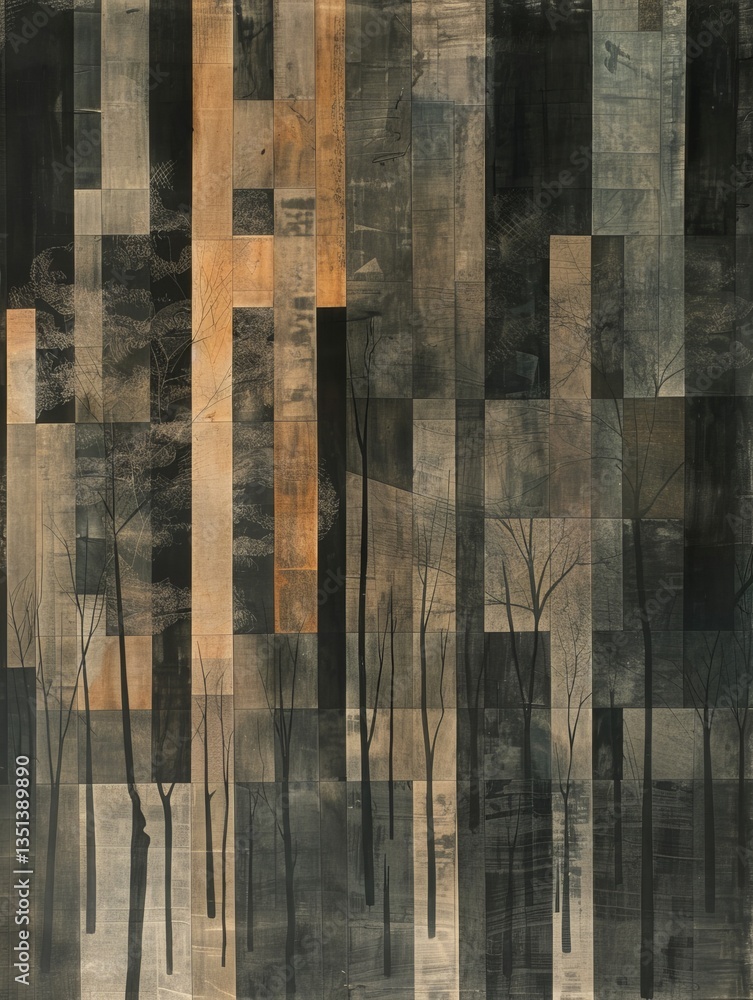 Poster layers alternate between dark black, gray, and beige, with some textured or striped patterns adding 