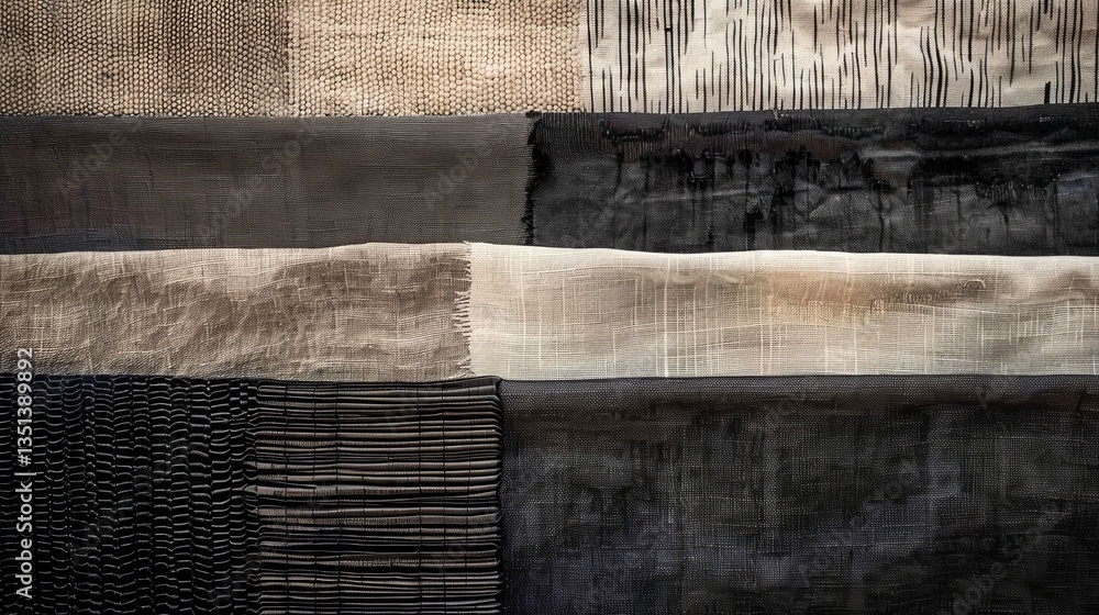 Poster layers alternate between dark black, gray, and beige, with some textured or striped patterns adding 