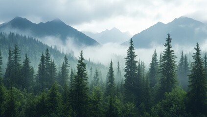 Fototapeta premium Misty mountains rise above a dense evergreen forest landscape
