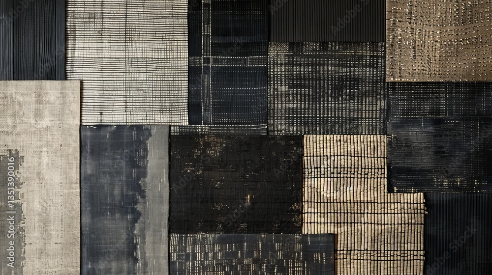 Poster layers alternate between dark black, gray, and beige, with some textured or striped patterns adding 
