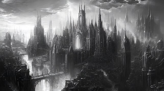 Monochromatic cityscape with gothic architecture and intricate details in a dark setting