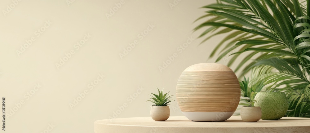 Poster decorative table display with modern design elements and greenery in a warm, inviting indoor space