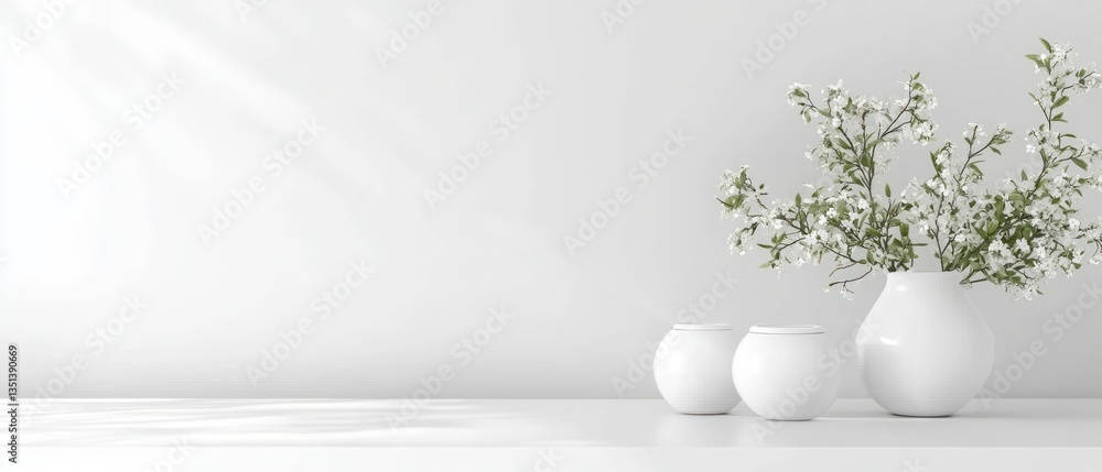 Poster white vases with delicate flowers on a minimalistic table against a soft gray backdrop in a serene s