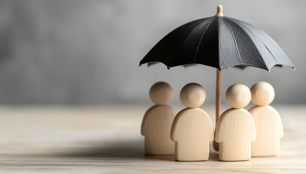 Human figures under umbrella on light wooden table. Insurance concept