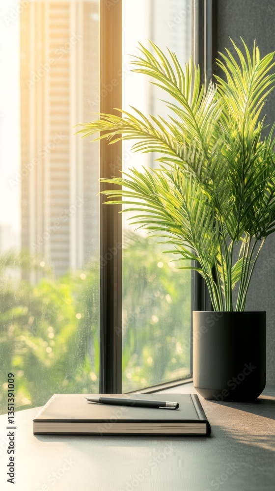 Poster morning sunlight streams through a window illuminating a planter and notebook on a desk in a modern 