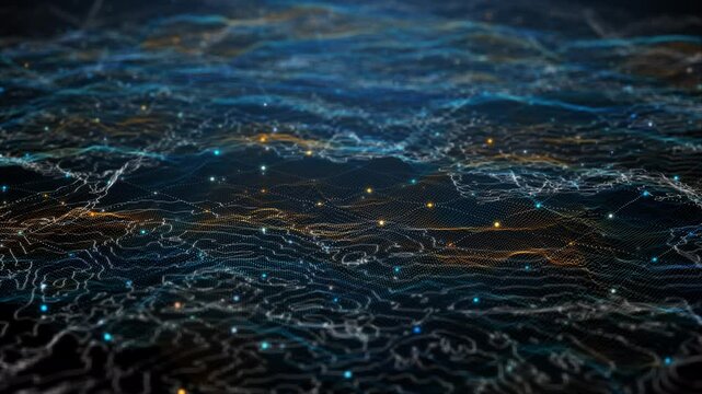 Flying through futuristic digital geology terrain, digital data telemetry and engineer topography with contour lines. 3D wireframe cartography concept. 