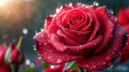 Rain Drops on Red Rose Closeup Photography