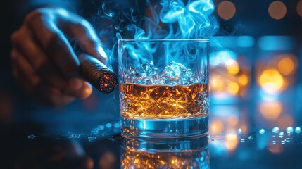 Smoky amber liquor in rocks glass, hand holding cigar