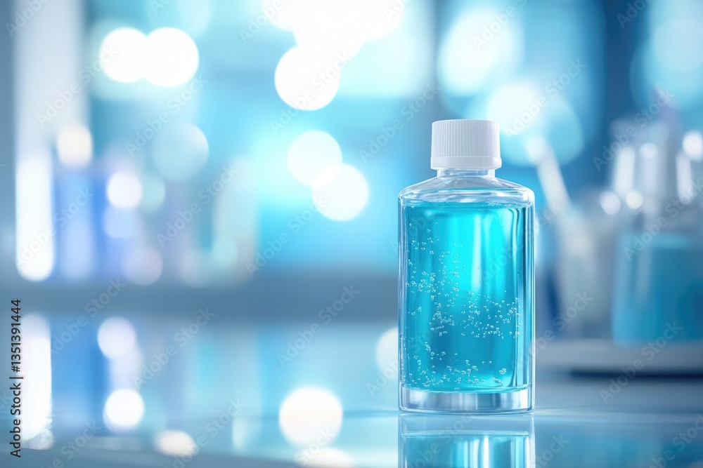 Poster a close-up of a bottle of liquid on a table, perfect for use in product photography or as an icon