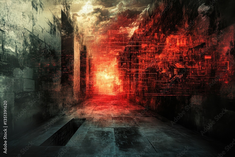 Aufkleber abstract corridor with glowing red patterns and dark textured walls at dusk