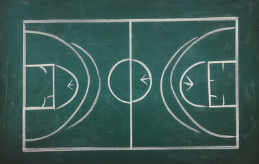 Detailed Chalk Drawing of a Basketball Court on Green Chalkboard with Court Lines and Geometric Shapes for Sport Strategy