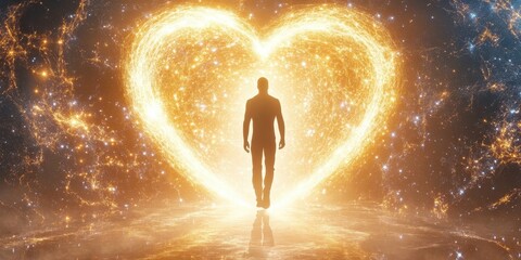 Silhouette of a person walking towards a glowing heart shape