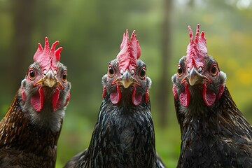 Naklejka premium Portrait of three free-ranging chickens on a chicken farm