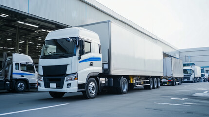 Row of freight trucks parked outside logistics hub