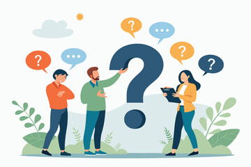 Flat illustration of two people having a discussion or debate with a large question mark in the center, representing confusion, problem-solving, communication, or uncertainty
