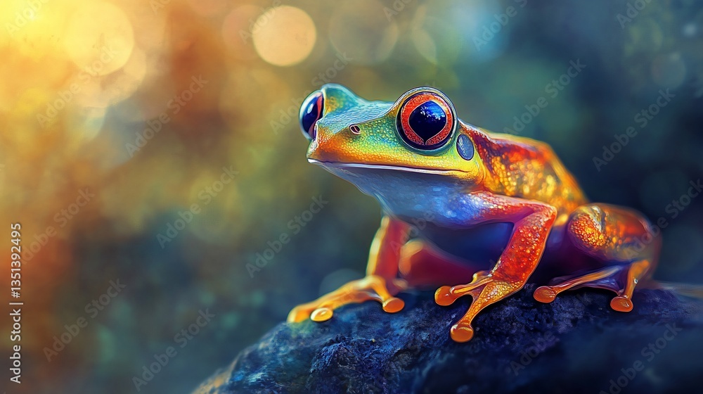 Poster Vibrant Frog Portrait with Detailed Features and Bokeh Background Effect of Nature