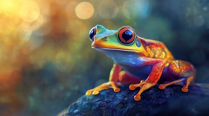 Vibrant Frog Portrait with Detailed Features and Bokeh Background Effect of Nature