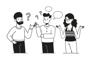 Flat illustration of two people having a discussion or debate with a large question mark in the center, representing confusion, problem-solving, communication, or uncertainty
