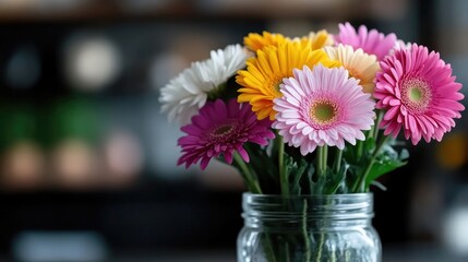 Vibrant bouquet of gerbera daisies in a mason jar