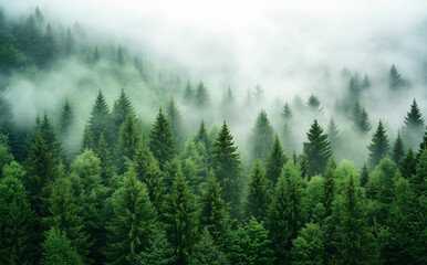 pine forest in fog