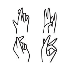 Set of 4 hand drawn hands. Doodling hands. Sketch of a human being. Shapes and positions of hands.