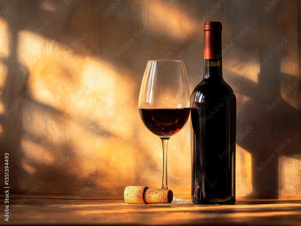 Aufkleber a bottle of wine and a glass of wine on a table or counter