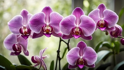 Close-up shot several vibrant purple phalaenopsis orchids full bloom.