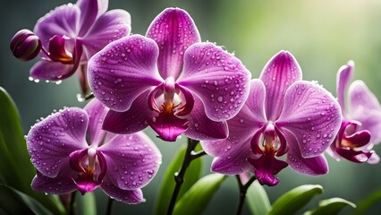 Close-up vibrant purple orchids water droplets petals.