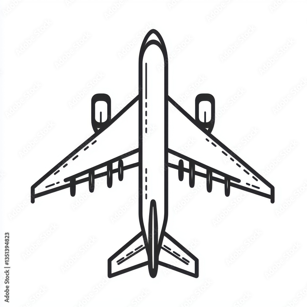 Poster outline of a passenger airplane in minimalistic style with clear details and symmetrical features fr