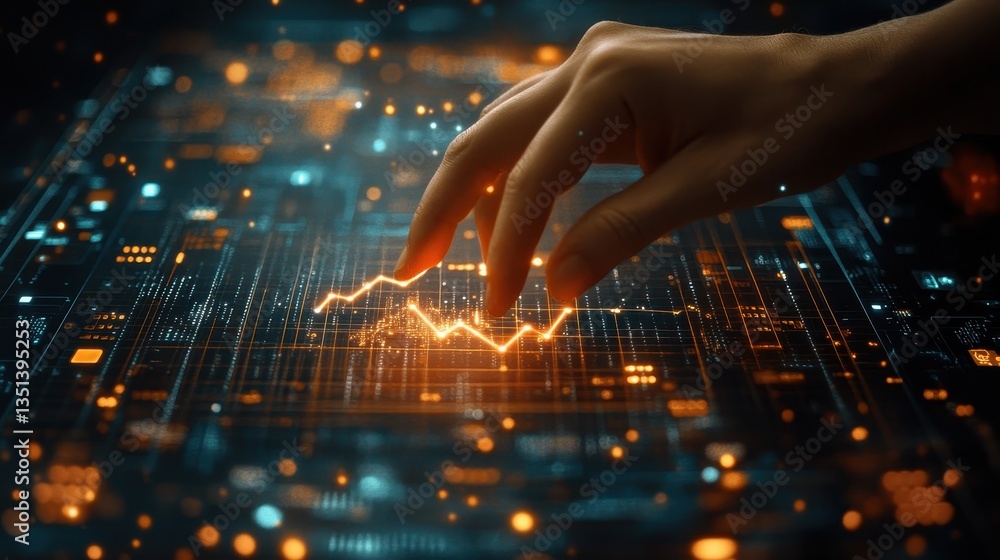Poster hand touches an orange data graph on a complex futuristic interface. use it to visualize digital fin