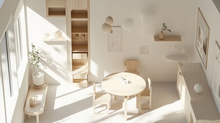 Mock up frame in home interior background, white room with natural wooden furniture, Scandinavian style, 3d render