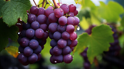 Juicy grapes glistening with water droplets hang from lush green vines, showcasing their vibrant purple hue. This fresh and healthy fruit evokes sense of nature bounty and sweetness
