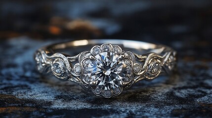 Obraz premium Close up of an ornate diamond engagement ring with a detailed band setting