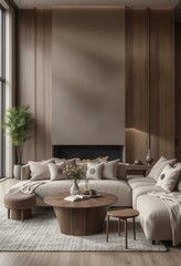 Fototapeta premium Modern Minimalist Living Room with Neutral Tones and Elegant Furniture in a Sunlit Space Featuring Large Windows and Wooden Accents..**