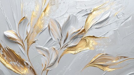 Elegant floral painting features gold and white textures and details