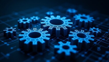 Digital gears, futuristic technology, blue hologram