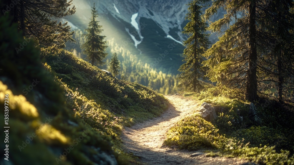 Poster a dirt path surrounded by trees and foliage in a dense forest
