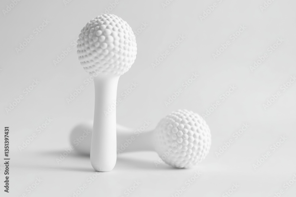 Poster a pair of white golf balls resting on a white surface, ideal for use in business or sporting context