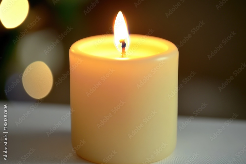 Poster a single lit candle placed on a table surface