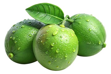 Obraz premium Juicy limes glistening with fresh dew, plump and vibrant, a burst of zesty freshness against a clean white background.