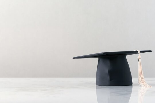 minimalistic image of graduation cap placed on elegant white surface with ample copy space for customizable text conveying