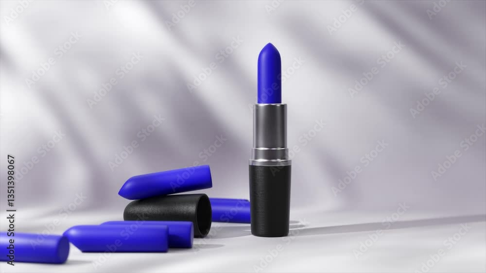 Poster blue lipstick rotating on a white background with dramatic lighting, creating a visually appealing s